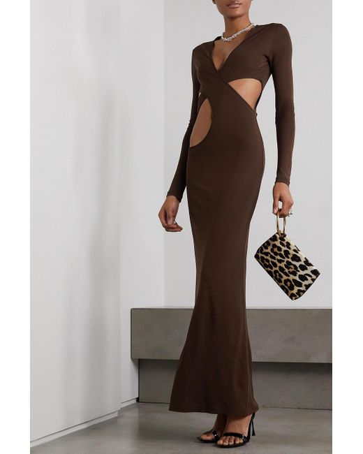 Zeynep Arcay Brown Asymmetric Cutout Jersey Maxi Dress