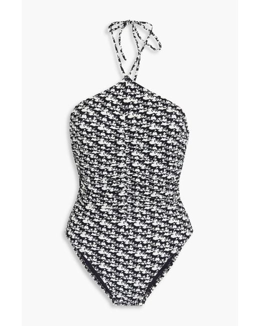 Solid & Striped White The Mina Ruched Printed Halterneck Swimsuit