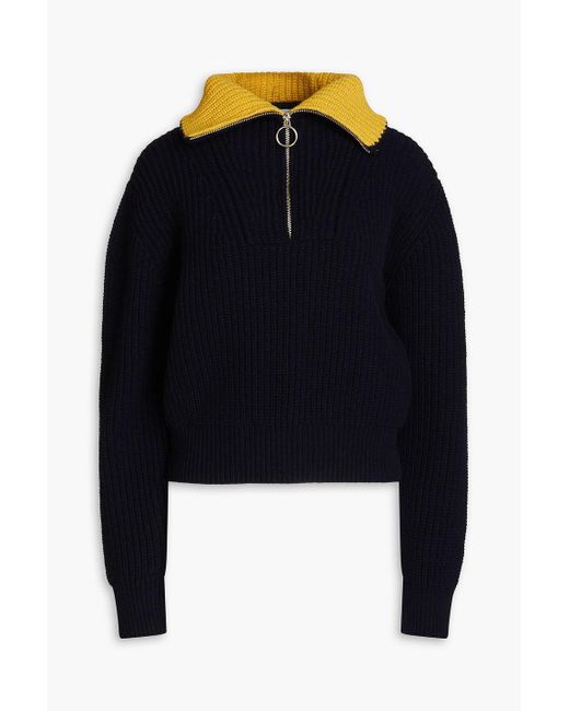 Sandro Blue Tanger Two-tone Ribbed Wool-blend Half-zip Sweater