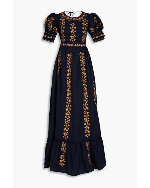 Agua Bendita Blue Metallic Embroidered Gathered Linen Maxi Dress