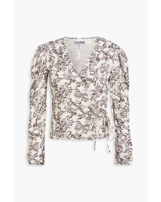 Ganni White Wickelbluse aus twill mit floralem print