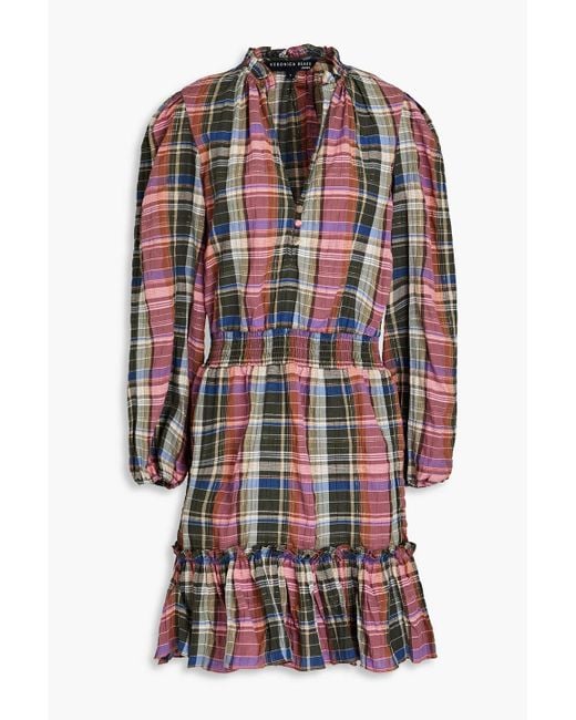Veronica Beard Green Destiny Ruffled Metallic Checked Cotton-blend Mini Dress