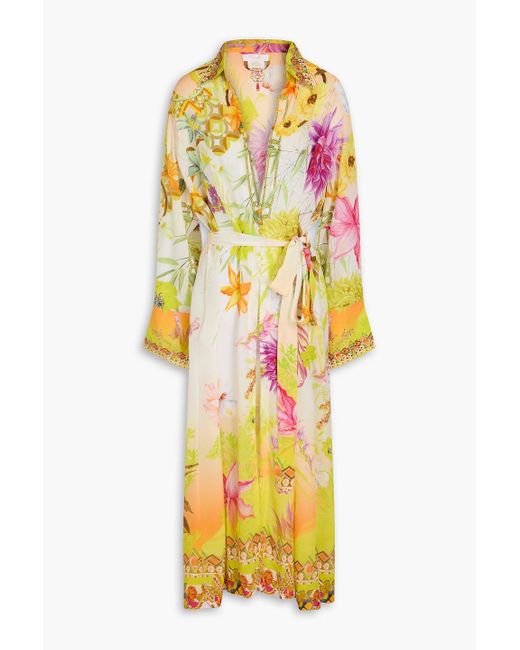 Camilla Yellow Crystal-Embellished Floral-Print Silk Crepe De Chine Robe