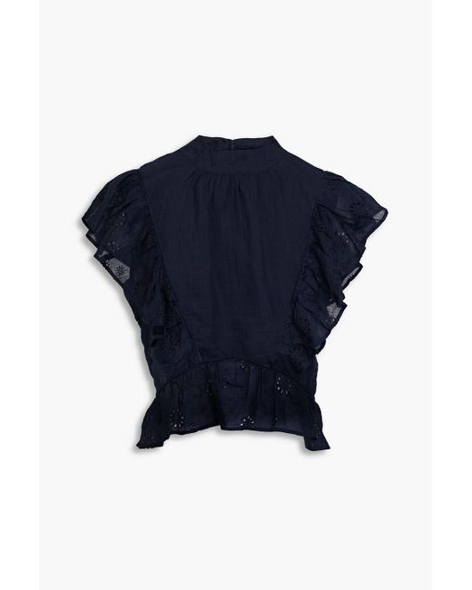 FRAME Blue Ruffled Broderie Anglaise Ramie Top