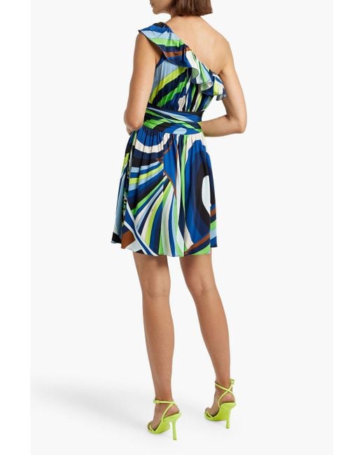 Emilio Pucci Blue One-shoulder Ruffled Printed Stretch-jersey Mini Dress