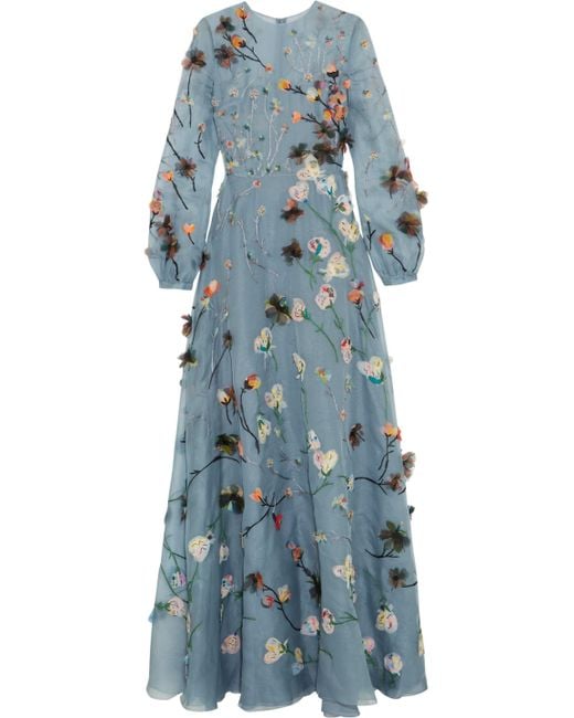 Valentino Blue Floral Applique Evening Dress