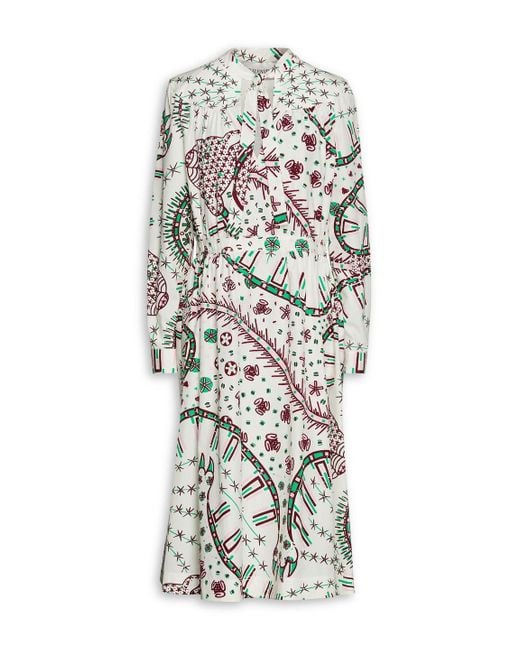 Valentino White Gathered Printed Cotton-poplin Midi Dress