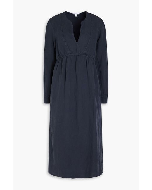James Perse Blue Empire Gathered Lyocell And Linen-blend Midi Dress
