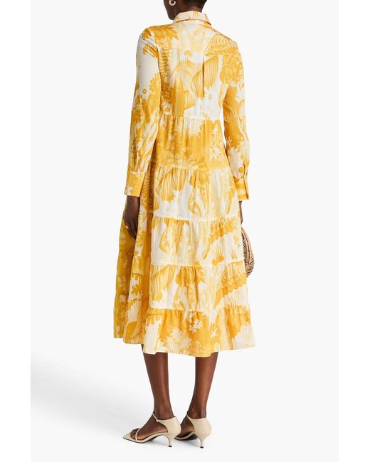Erdem Yellow Tiered Floral-Print Cotton Midi Shirt Dress