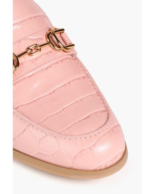 Stuart Weitzman Pink Owen Buckle Embellished Croc-effect Leather Loafers