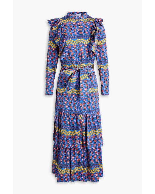 Borgo De Nor Blue Baxley Tiered Floral-Print Cotton-Sateen Midi Dress