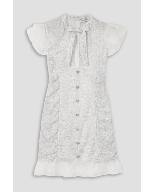 Alessandra Rich White Pussy-bow Ruffled Silk-organza Trimmed Metallic Lace Mini Dress
