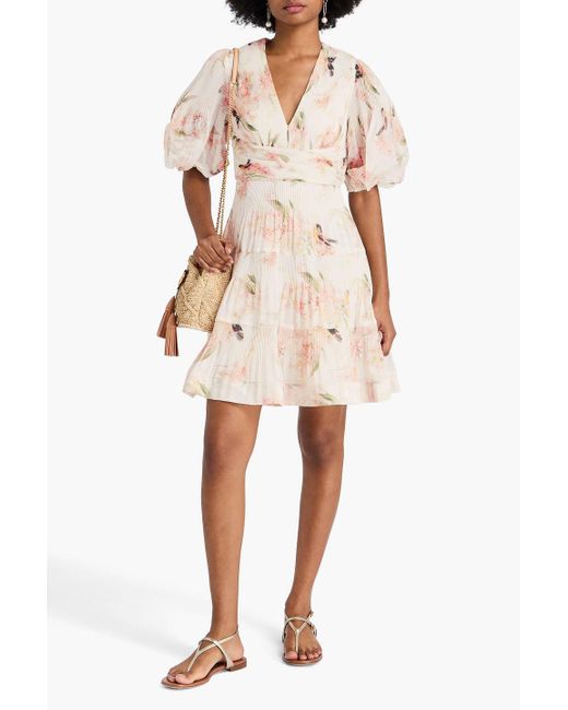 Zimmermann Natural Floral-Print Plissé-Organza Mini Dress