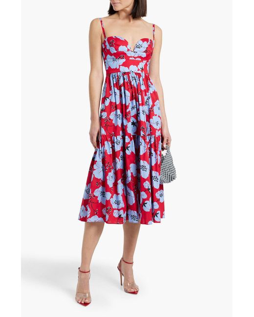 Carolina Herrera Red Floral-print Cotton-blend Poplin Midi Dress