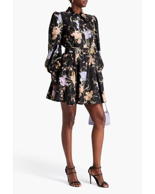 Zimmermann Black Belted Floral-Print Silk-Twill Mini Shirt Dress
