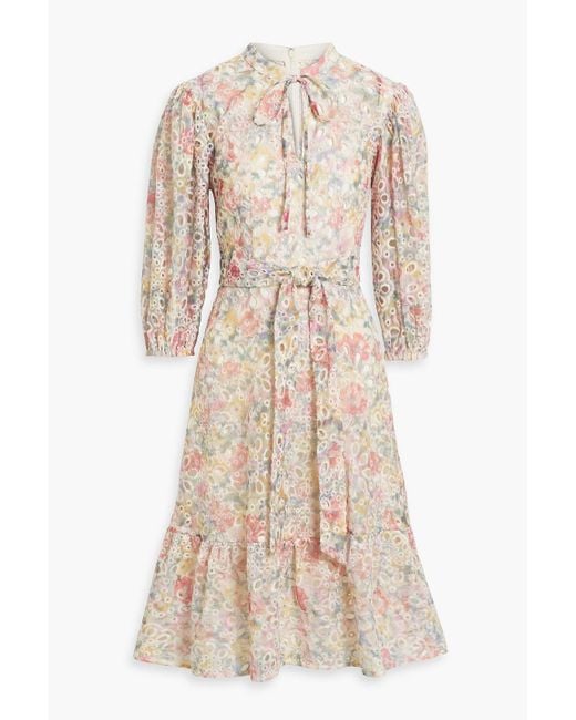 Mikael Aghal Natural Belted Printed Broderie Anglaise Midi Dress
