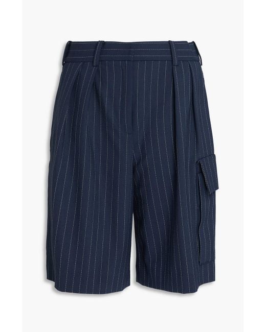 Maje Blue Pleated Pinstriped Wool-Blend Twill Shorts