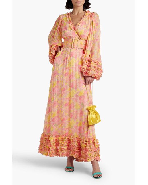 byTiMo Orange Ruffled Floral-print Georgette Maxi Wrap Dress