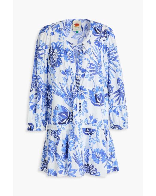Farm Rio Blue Bead-Embellished Printed Swiss-Dot Cotton Mini Dress