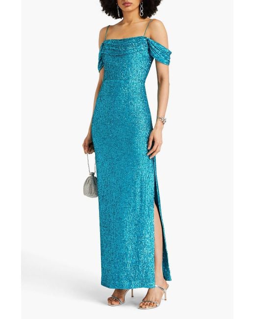 Rebecca Vallance Blue Missing Hours Cold-shoulder Sequined Mesh Gown