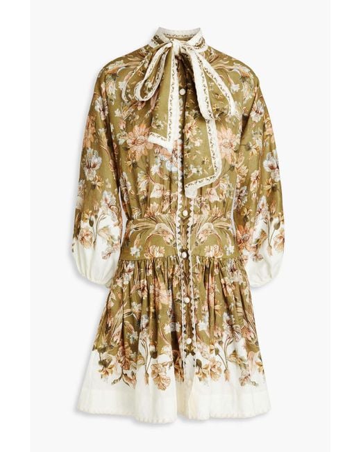 Zimmermann Metallic Pussy-bow Floral-print Linen Mini Dress