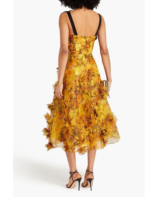 Marchesa Yellow Metallic Floral-print Chiffon Midi Dress