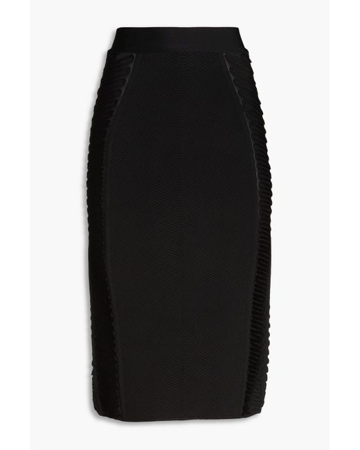 Hervé Léger Black Mesh-paneled Ribbed-knit Midi Pencil Skirt