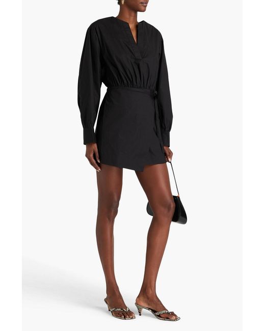 FRAME Black Wrap-effect Gathered Cotton-poplin Mini Dress
