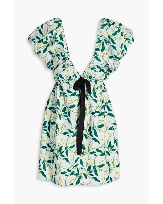 Agua by Agua Bendita Green Horizonte Bow-detailed Floral-print Cotton Mini Dress
