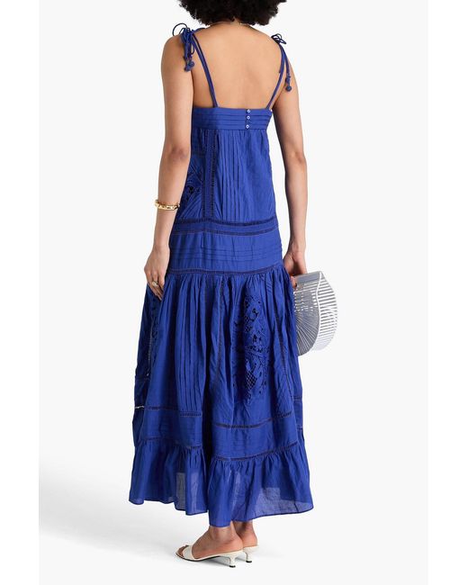 Farm Rio Blue Bead-embellished Guipure Lace-paneled Cotton-voile Maxi Dress