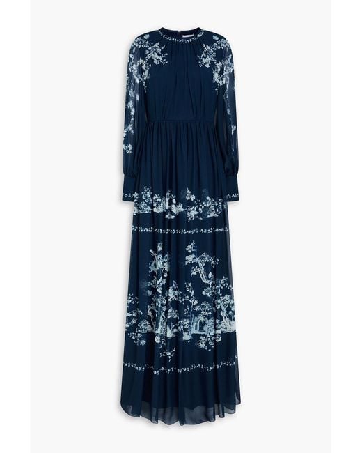 Erdem Blue Printed Silk-Voile Gown