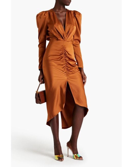 Ronny Kobo Orange Astrid Pleated Satin Midi Dress