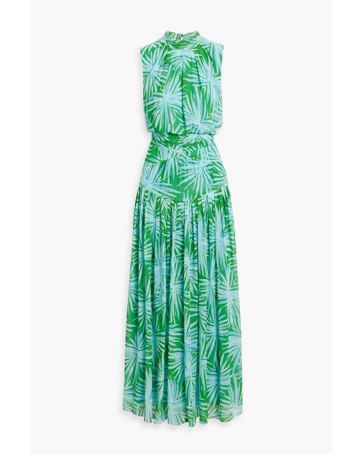 Diane von Furstenberg Green Menon Pleated Printed Chiffon Maxi Dress
