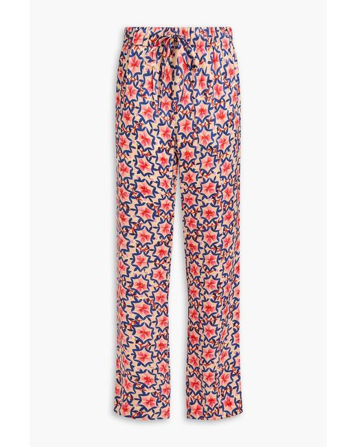 Saloni Red Printed Silk-Satin Straight-Leg Pants