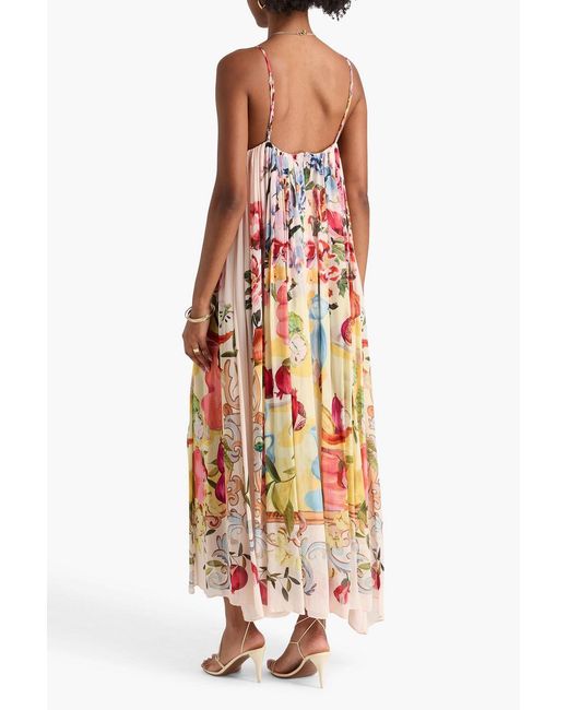 Farm Rio White Gathered Floral-print Georgette Midi Dress