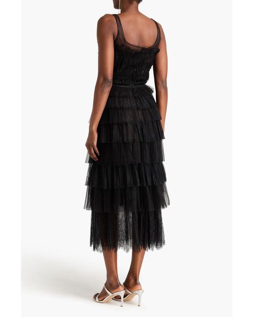Costarellos Black Kali Crystal-Embellished Tiered Plissé Tulle And Chantilly Lace Gown