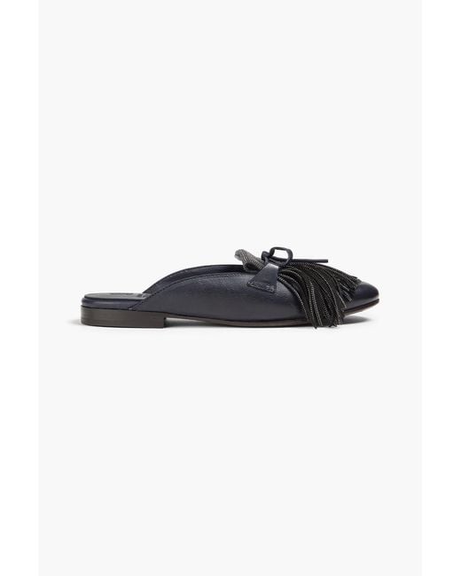 Brunello Cucinelli Black Bead-Embellished Fringed Leather Slippers