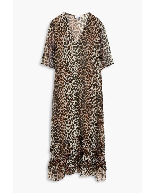 Ganni Multicolor Tiered Leopard-print Crepe De Chine Midi Dress
