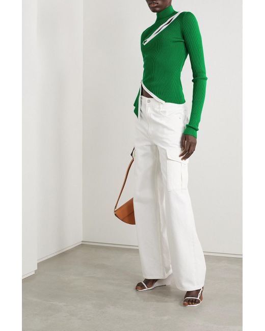 Monse Green Zip-detailed Ribbed Merino Wool-blend Turtleneck Sweater