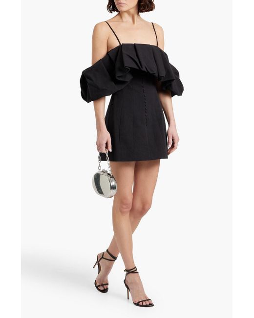 Jonathan Simkhai Black Puff Cold-Shoulder Ruffled Cotton And Linen-Blend Mini Dress