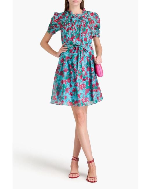Saloni Blue Penny Belted Printed Cotton And Silk-blend Voile Mini Dress