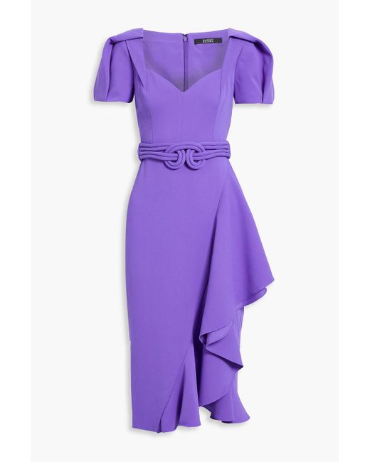 Badgley Mischka Purple Belted Ruffled Crepe Midi Dress