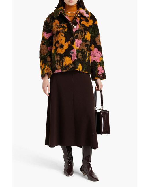 Rejina Pyo Brown Polly jacke aus shearling-imitat mit floralem print