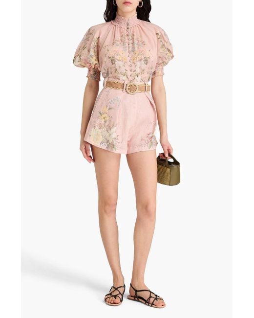 Zimmermann Pink Belted Floral-Print Linen Shorts