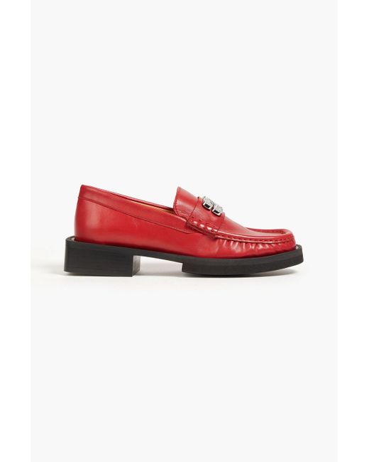 Ganni Red Embellished Leather Loafers