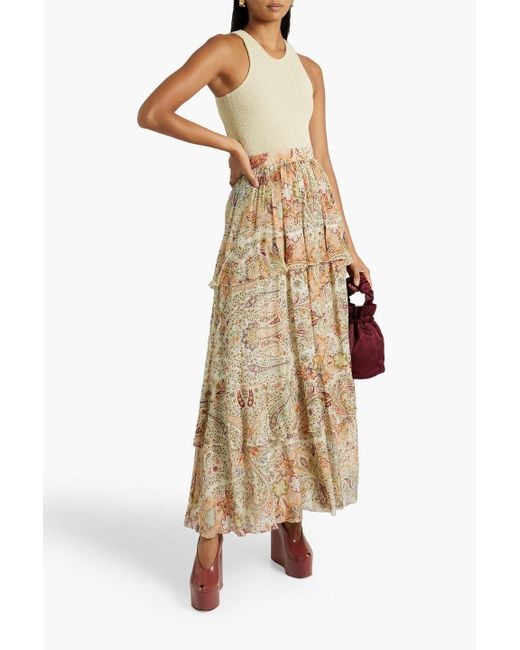 Etro Natural Ruffled Paisley-print Cotton And Silk-blend Voile Maxi Skirt