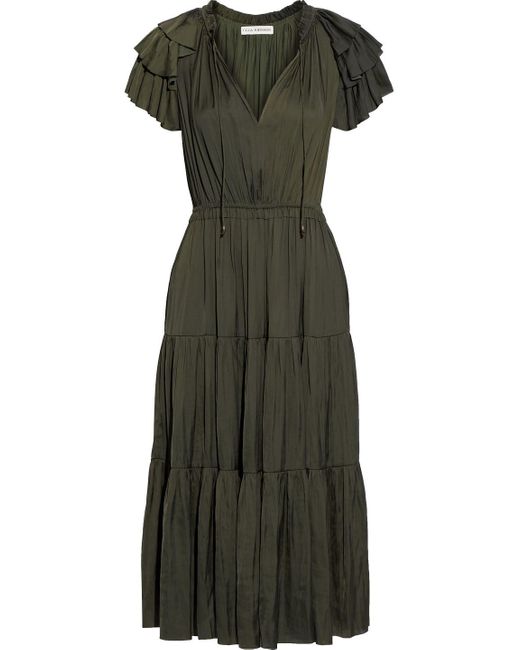 Ulla Johnson Blaire Tiered Ruffled Washed-satin Midi Dress in Green | Lyst