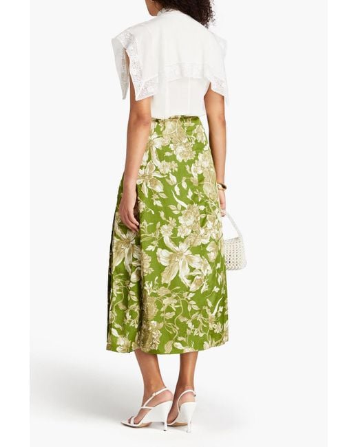 Erdem Green Pleated Floral-print Hammered-satin Midi Skirt