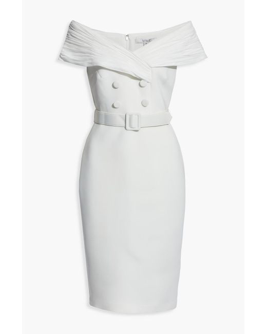 Badgley Mischka White Off-the-shoulder Belted Ponte Dress
