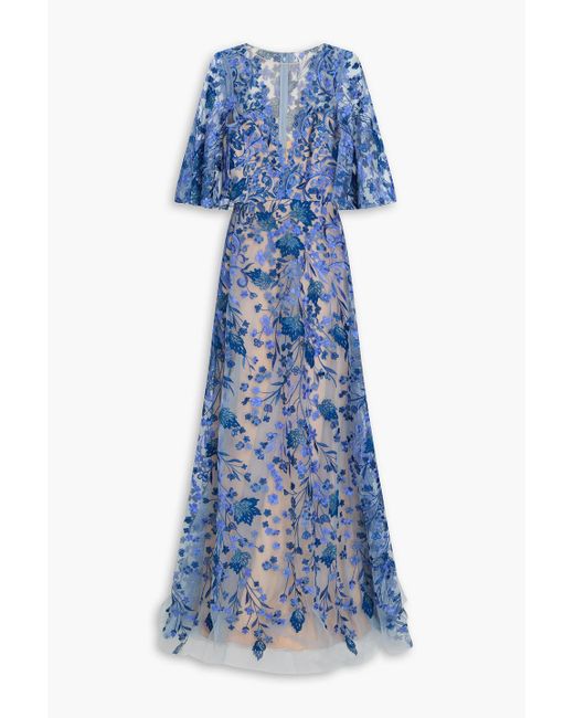 Marchesa Blue Embroidered Tulle Gown